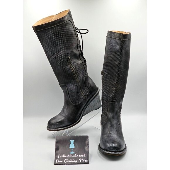 BED|STU Shoes - BED STU Black Rustic Distressed Leather Empress Wedge Tall Boots Size 7 2825